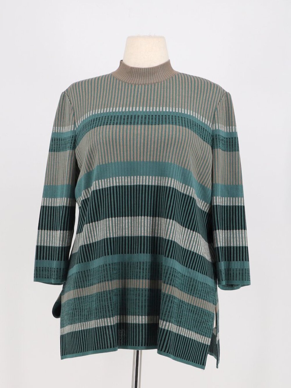 MISOOK Teal Taupe Geometric Striped Knit Mock Neck Tunic Top 3/4 Sleeve Size L